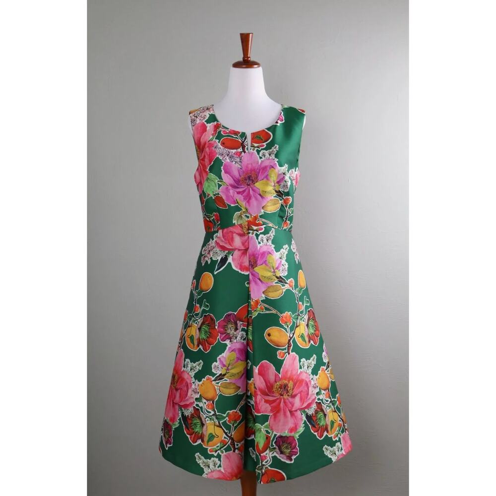 Talbots Vibrant Green Fruit Floral Print A Line Pleated Midi Dress 4 Petite